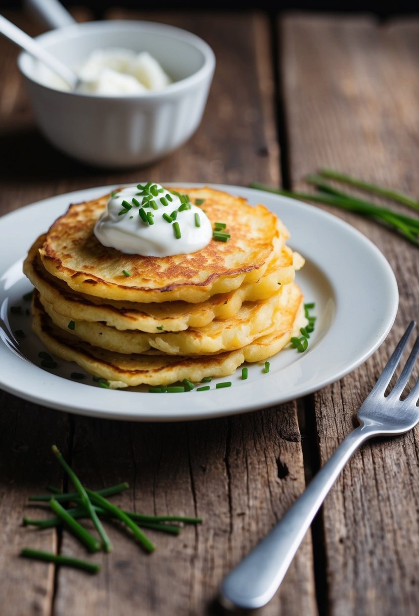 A rustic kitchen table with a plate of golden-brown potato pancakes, topped with a dollop of sour cream and a sprinkle of chives