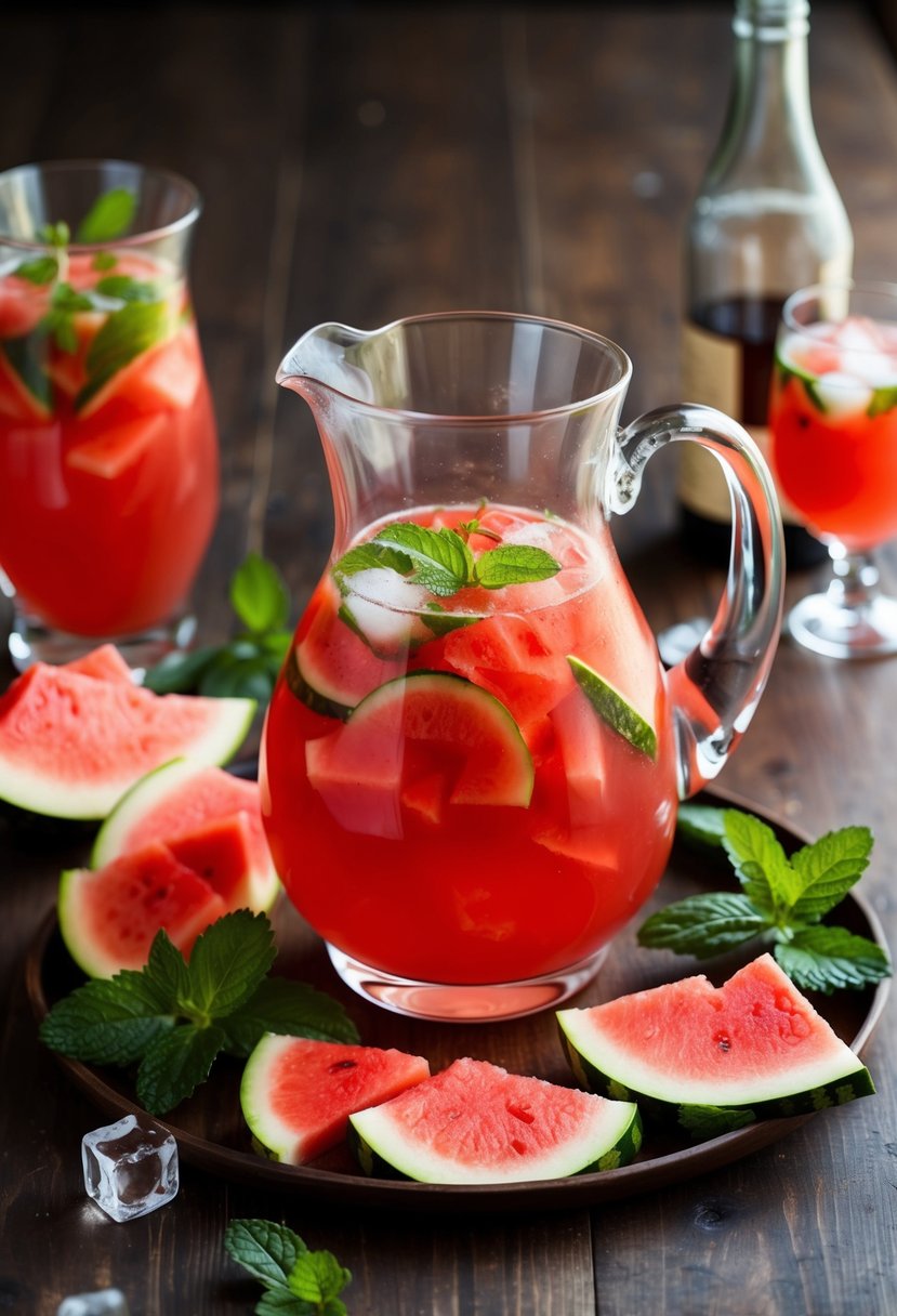 A glass pitcher filled with watermelon rum punch, surrounded by sliced watermelon, mint leaves, and ice cubes on a wooden table