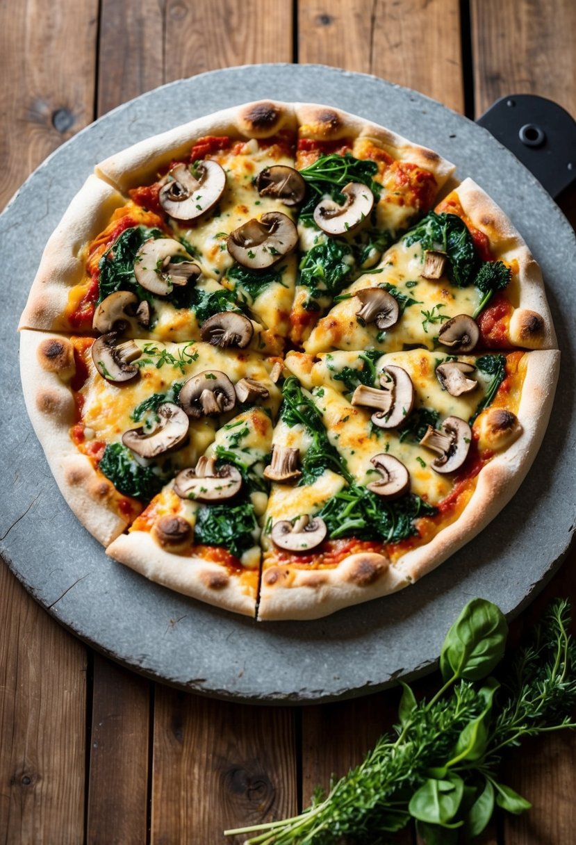 A rustic wooden table with a freshly baked mushroom and spinach pizza, topped with melted cheese and sprinkled with herbs, sitting on a round pizza stone