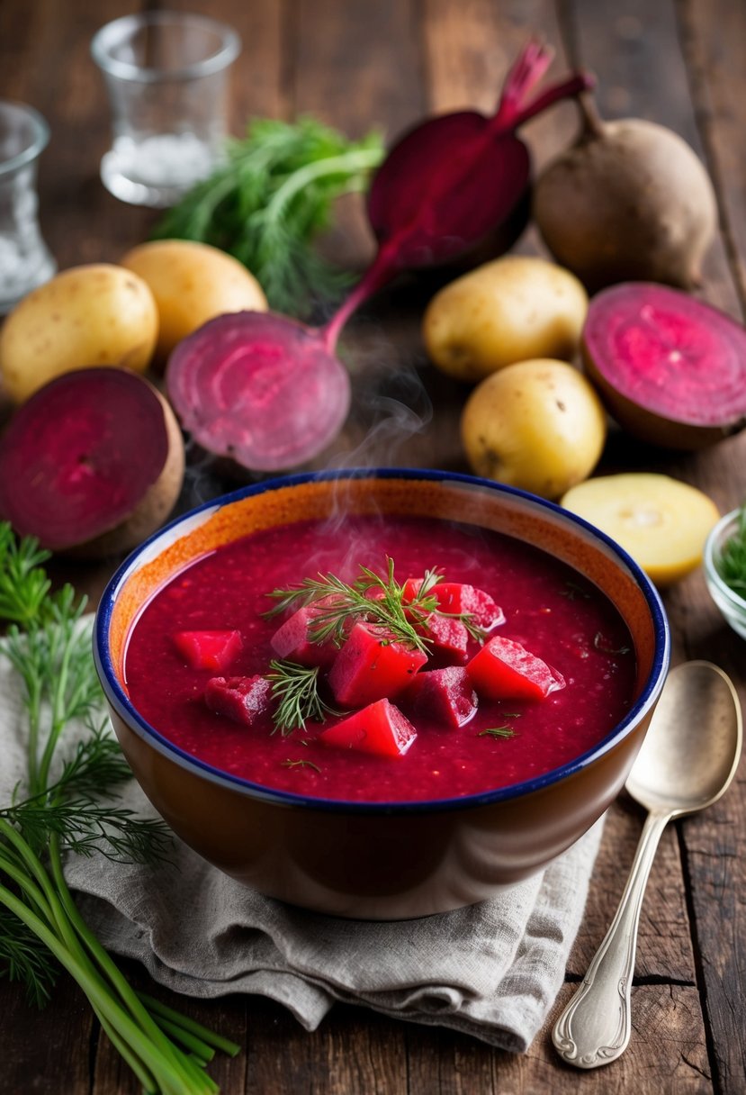 A steaming bowl of red borscht sits on a rustic wooden table, surrounded by traditional Polish ingredients like beets, potatoes, and dill