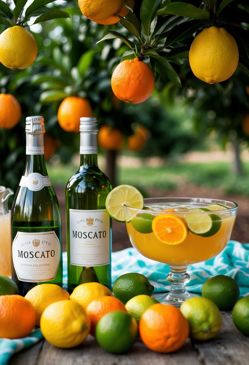 A vibrant citrus orchard with ripe lemons, limes, and oranges, surrounded by bottles of Moscato and a refreshing punch bowl