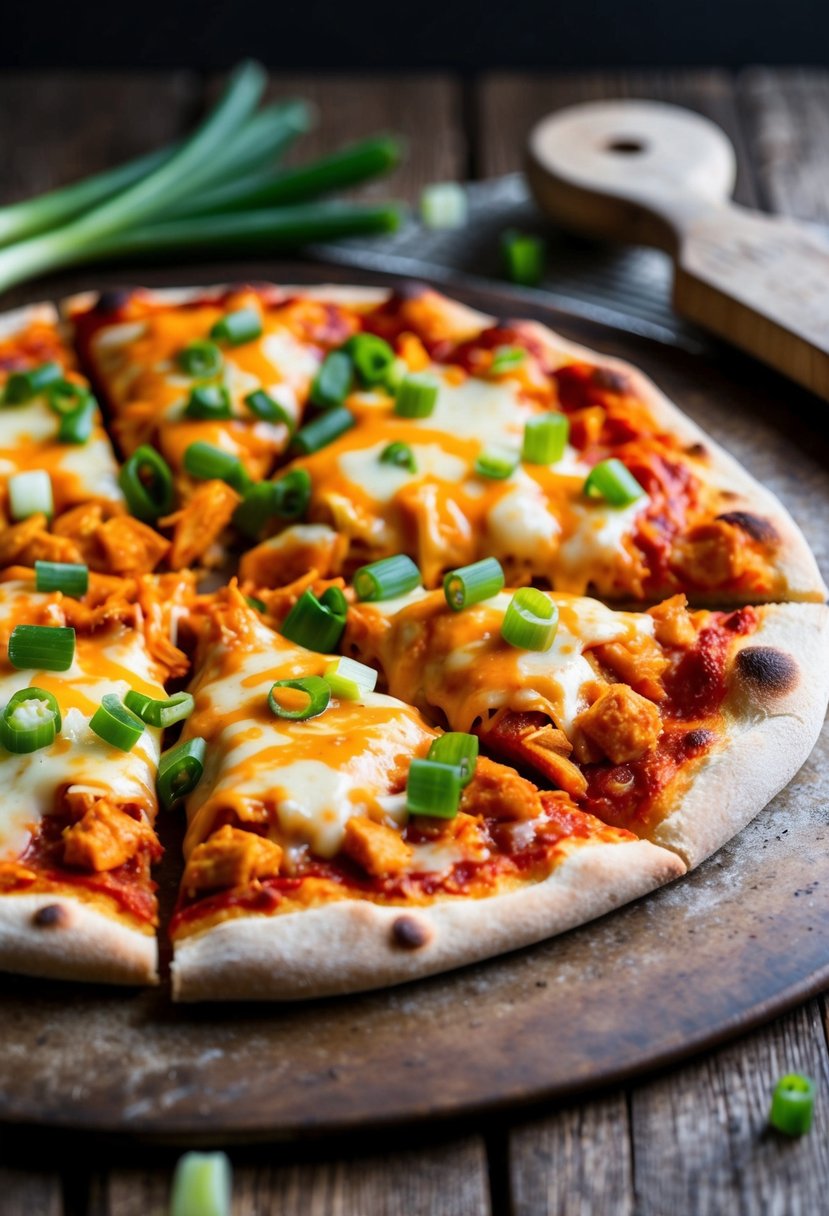 A sizzling buffalo chicken pizza with a zesty sauce, topped with gooey cheese and fresh green onions, sits on a rustic wooden pizza peel