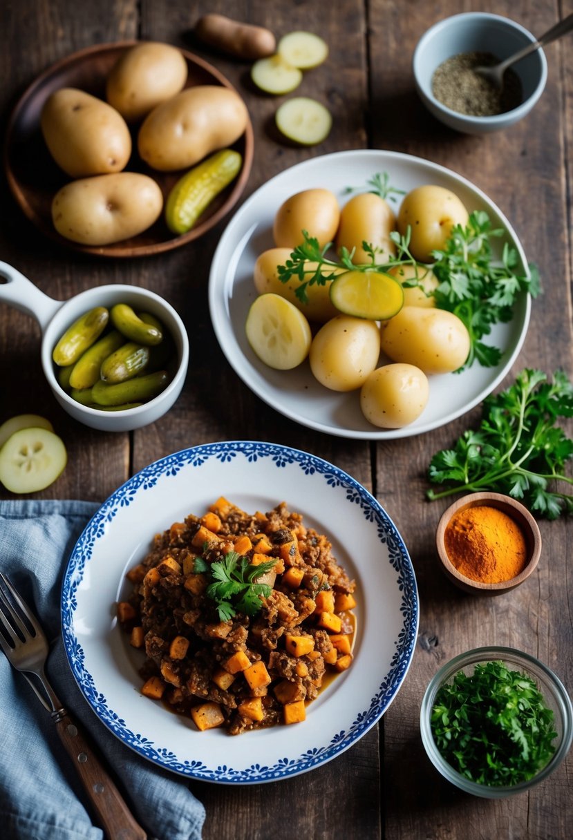 A rustic kitchen table with a plate of Zrazy, surrounded by traditional Polish ingredients like potatoes, pickles, and spices