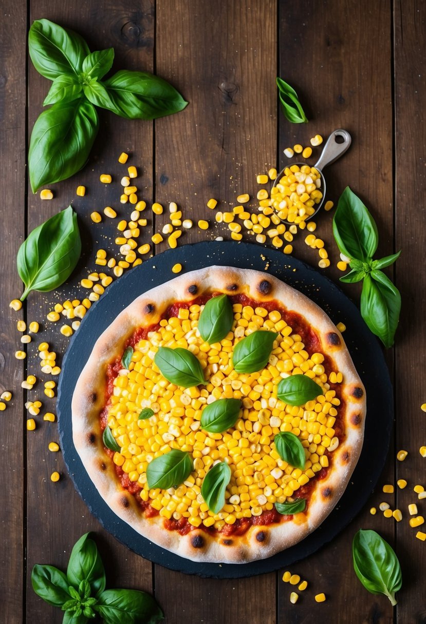 A rustic wooden table topped with a freshly baked sweet corn and basil pizza, surrounded by scattered basil leaves and a sprinkling of corn kernels