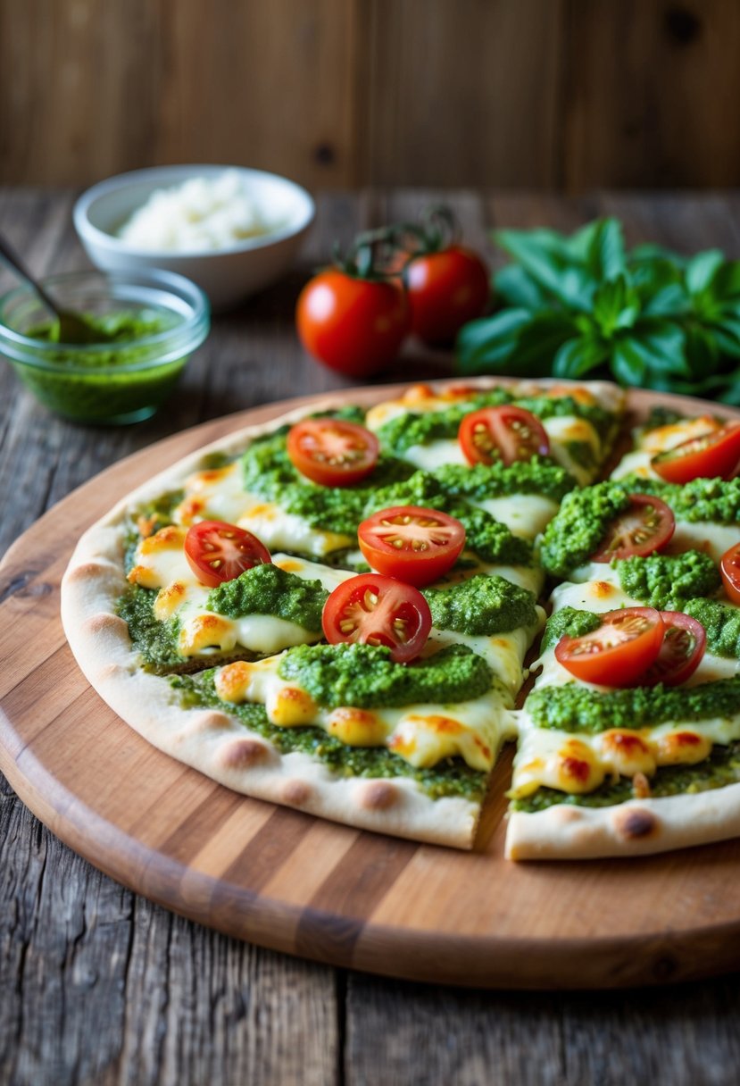 A rustic flatbread pizza topped with vibrant green pesto, fresh tomatoes, and melted cheese on a wooden cutting board