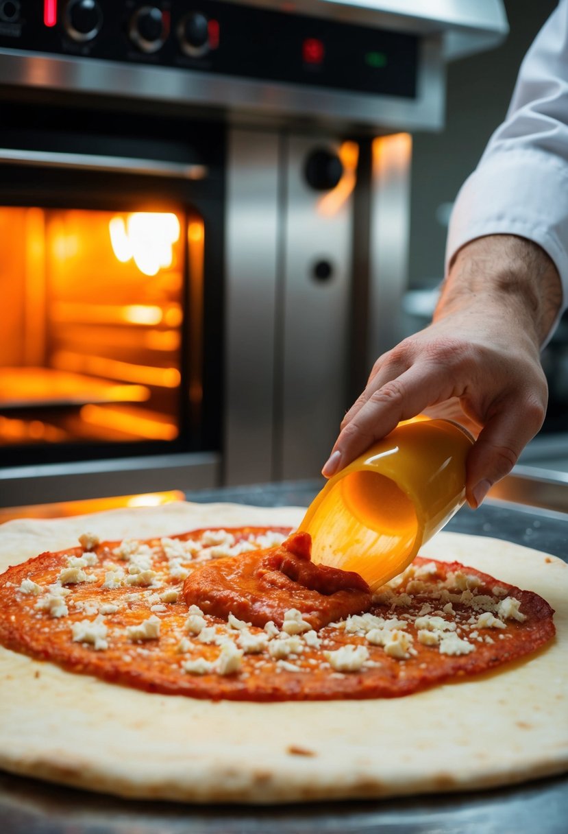 A chef swiftly spreads tomato sauce and sprinkles feta cheese on a thin pizza crust. The oven glows in the background