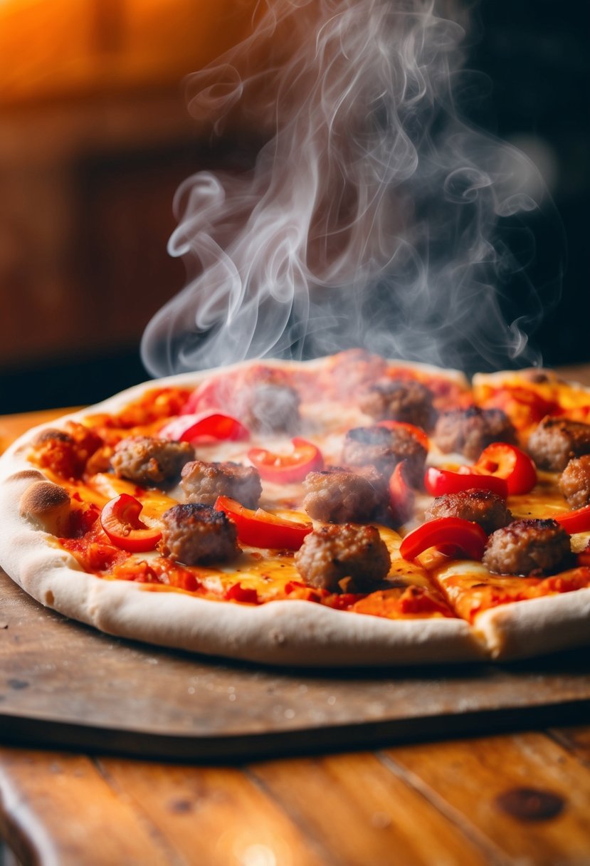 A steaming hot spicy sausage and red pepper pizza on a rustic wooden pizza peel