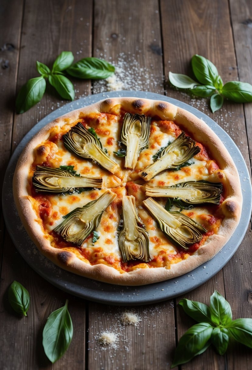 A rustic wooden table topped with a freshly baked three-cheese artichoke pizza, surrounded by scattered basil leaves and a sprinkle of grated parmesan