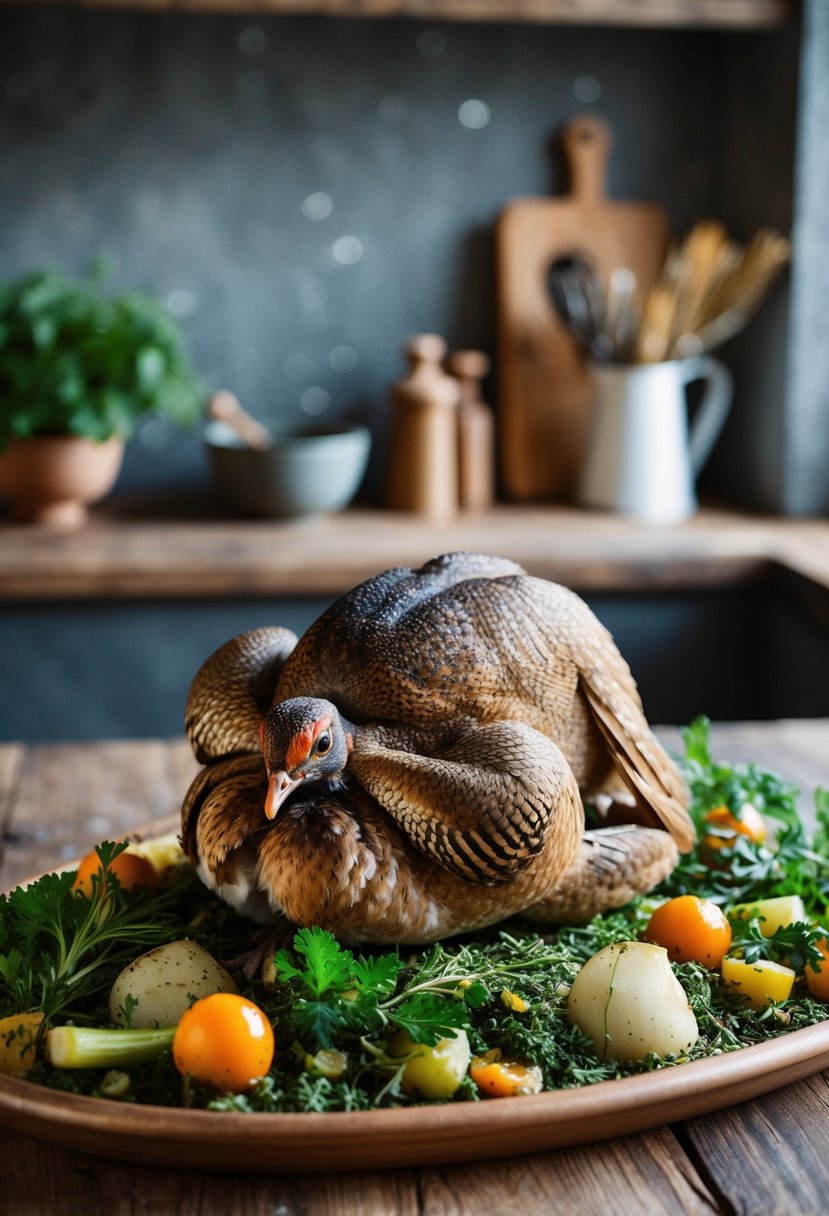 A quail roasting on a bed of herbs and vegetables in a rustic kitchen setting