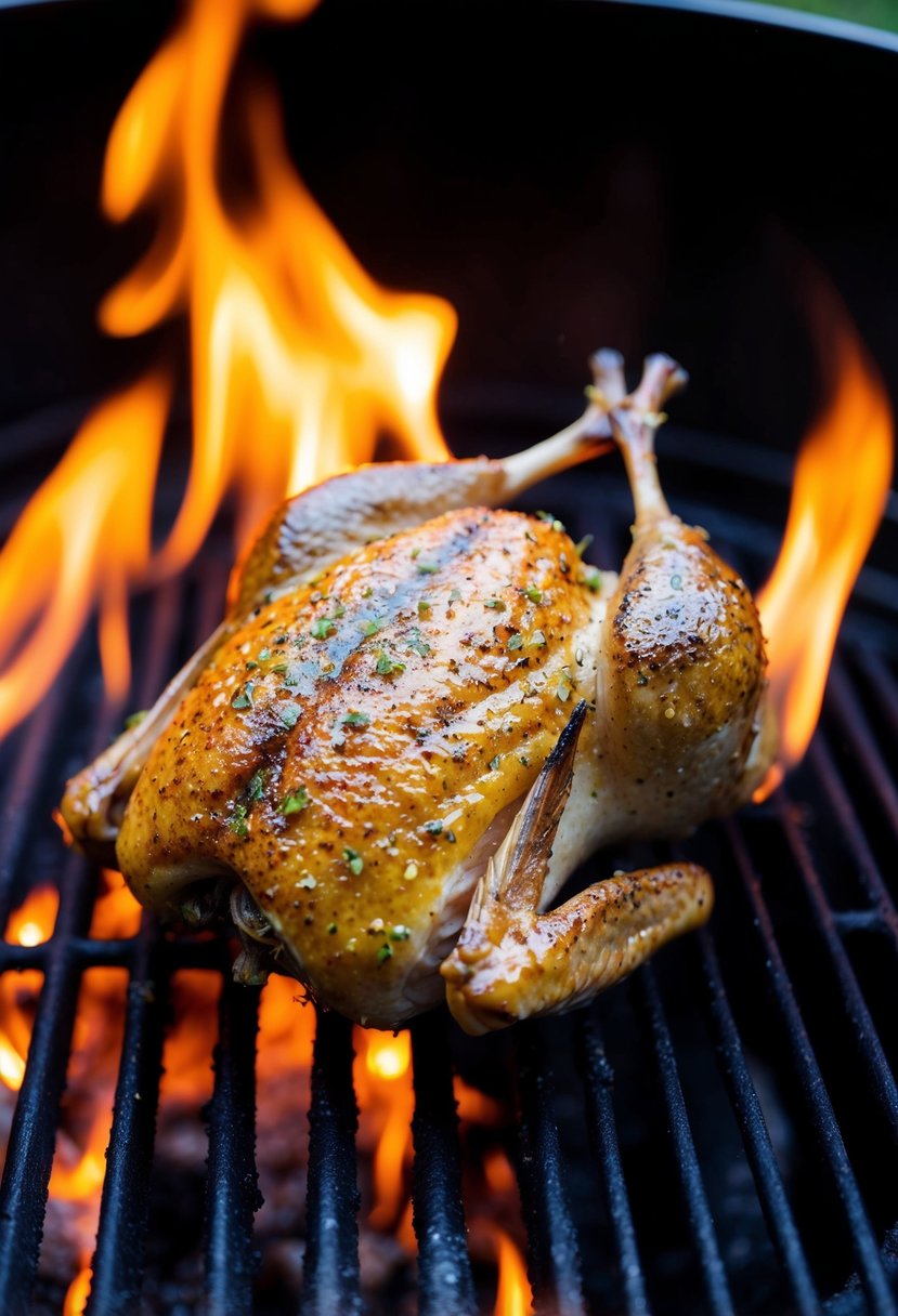 A quail sizzling on a grill, coated in a zesty lemon-paprika marinade, with flames licking the edges