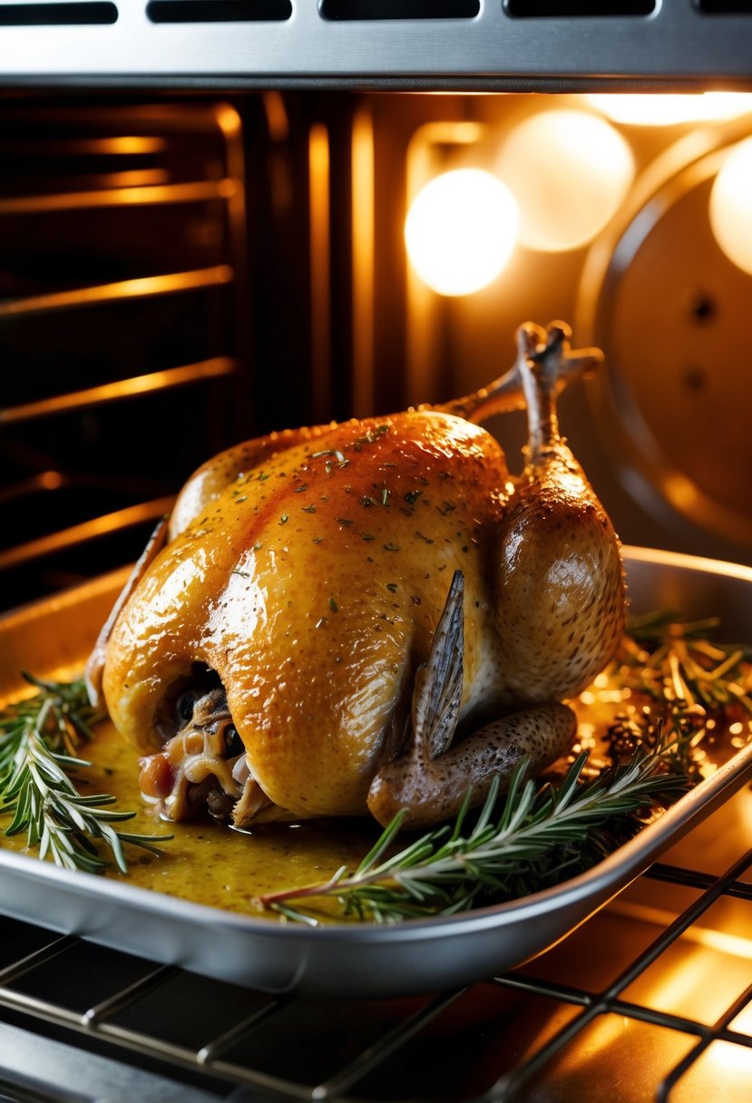 A quail, glazed with honey, roasts in the oven, surrounded by sprigs of rosemary and thyme. The golden bird glistens under the oven light