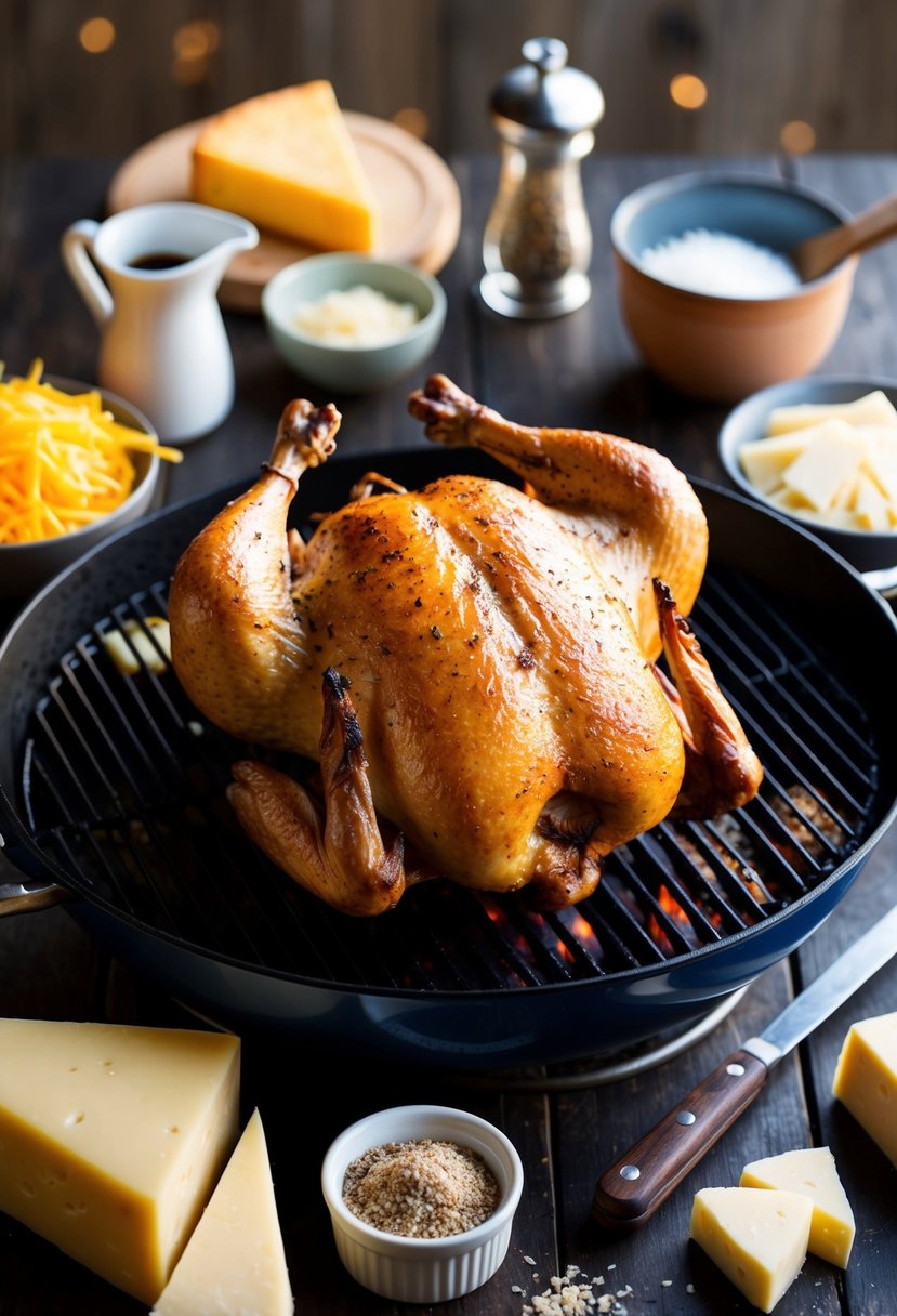 A chicken roasting on a grill, surrounded by various types of cheese and ingredients for a recipe