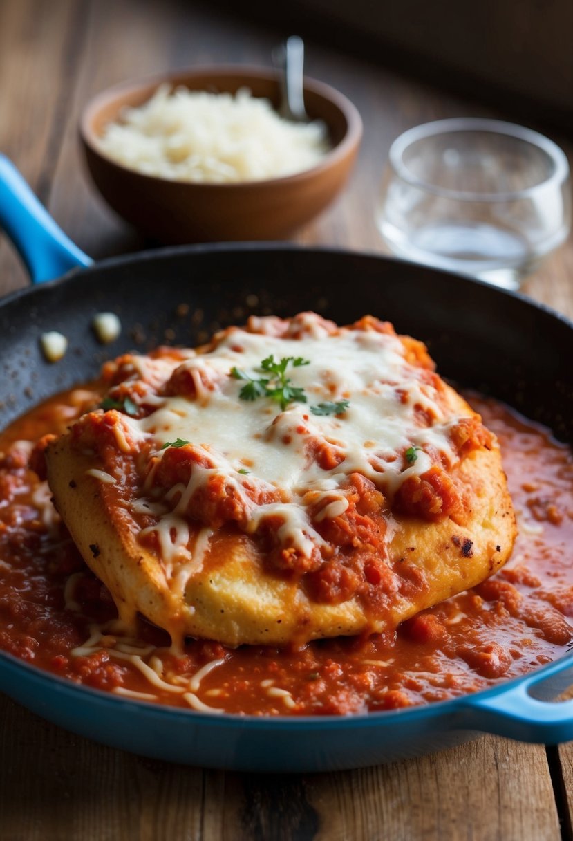 A sizzling chicken parmesan dish topped with marinara sauce and gooey melted cheese