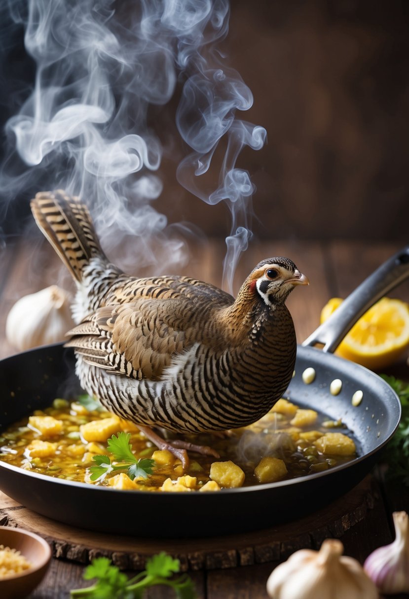 A sizzling quail sizzling in a pan with ginger and garlic, surrounded by aromatic steam