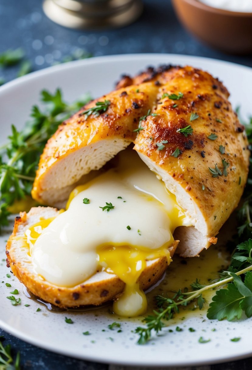 A golden-brown chicken breast cut open to reveal oozing melted mozzarella cheese, surrounded by fresh herbs and spices