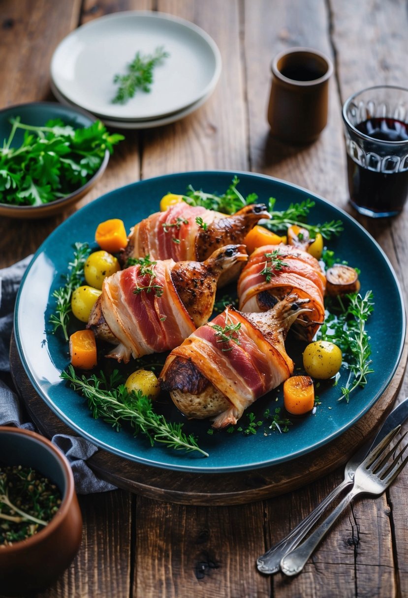 A platter of Italian Bacon-Wrapped Quail with herbs and roasted vegetables on a rustic wooden table