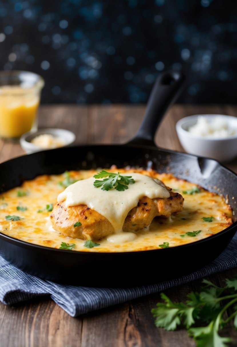 A sizzling skillet of creamy garlic chicken topped with melted cheese