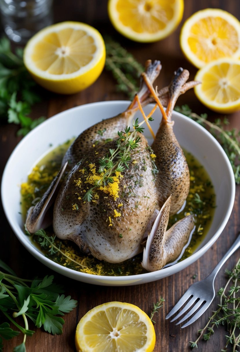 A quail marinating in a mixture of thyme and lemon zest, surrounded by fresh herbs and citrus slices