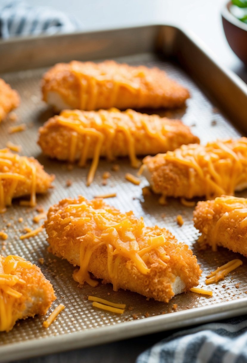 Golden-brown chicken strips coated with a crispy cheddar crust on a baking sheet