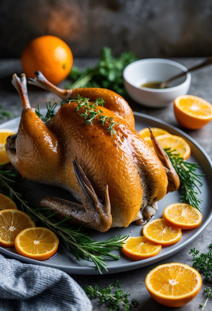 A platter of butterflied quail with a glossy orange glaze, garnished with fresh herbs and citrus slices, set against a rustic background