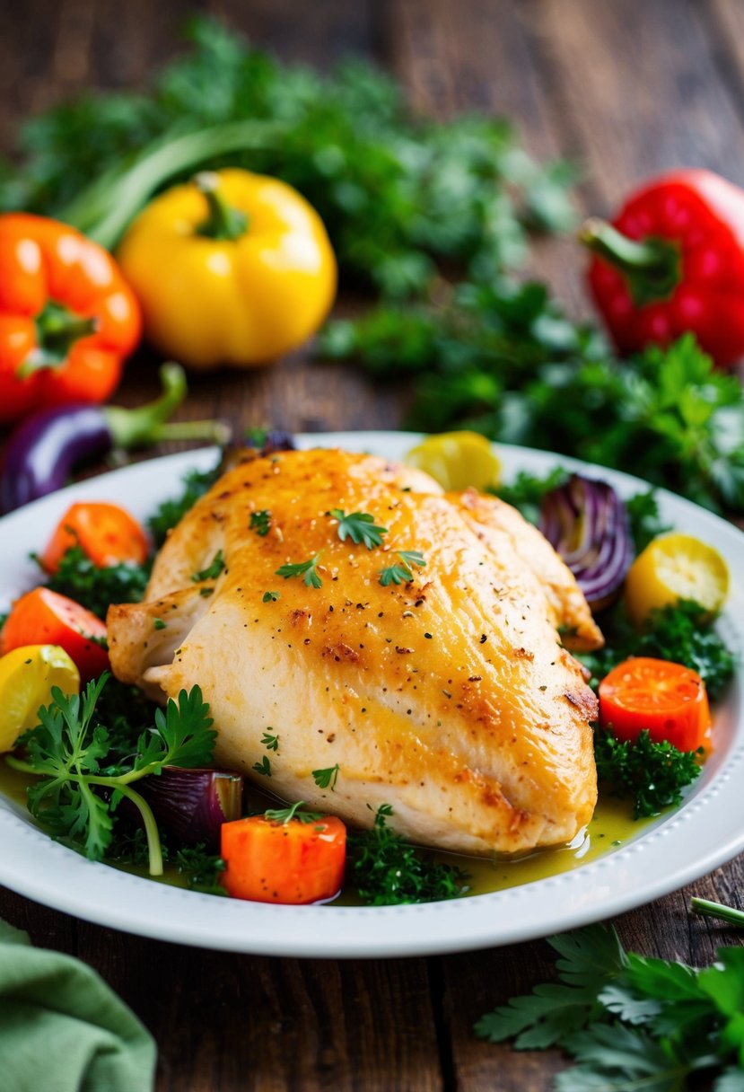 A golden brown baked chicken breast sits on a white plate surrounded by vibrant green herbs and colorful roasted vegetables