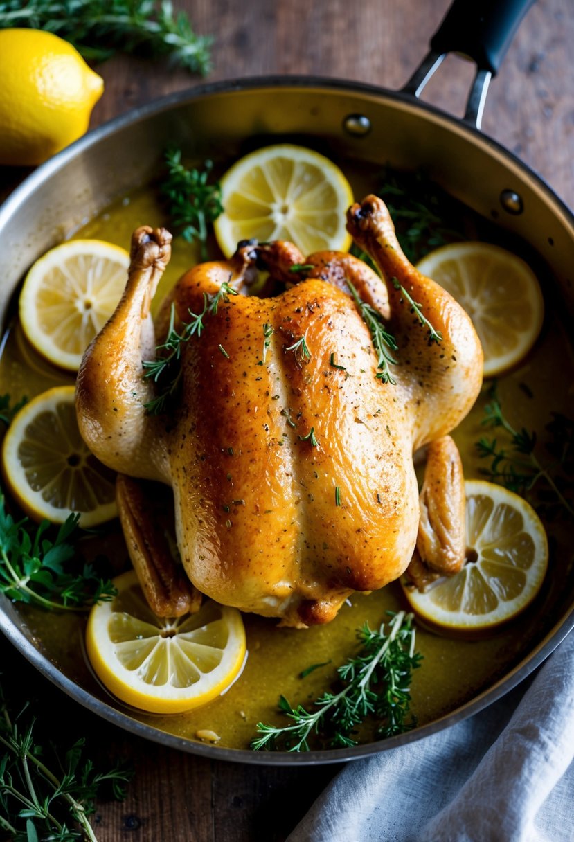 A plump, golden-brown chicken surrounded by vibrant lemon slices and fresh herbs, baking in a sizzling pan