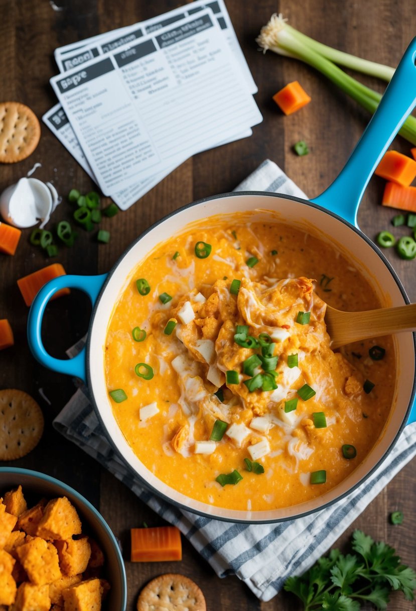 A bubbling pot of buffalo chicken cheese dip, surrounded by scattered recipe cards and ingredients