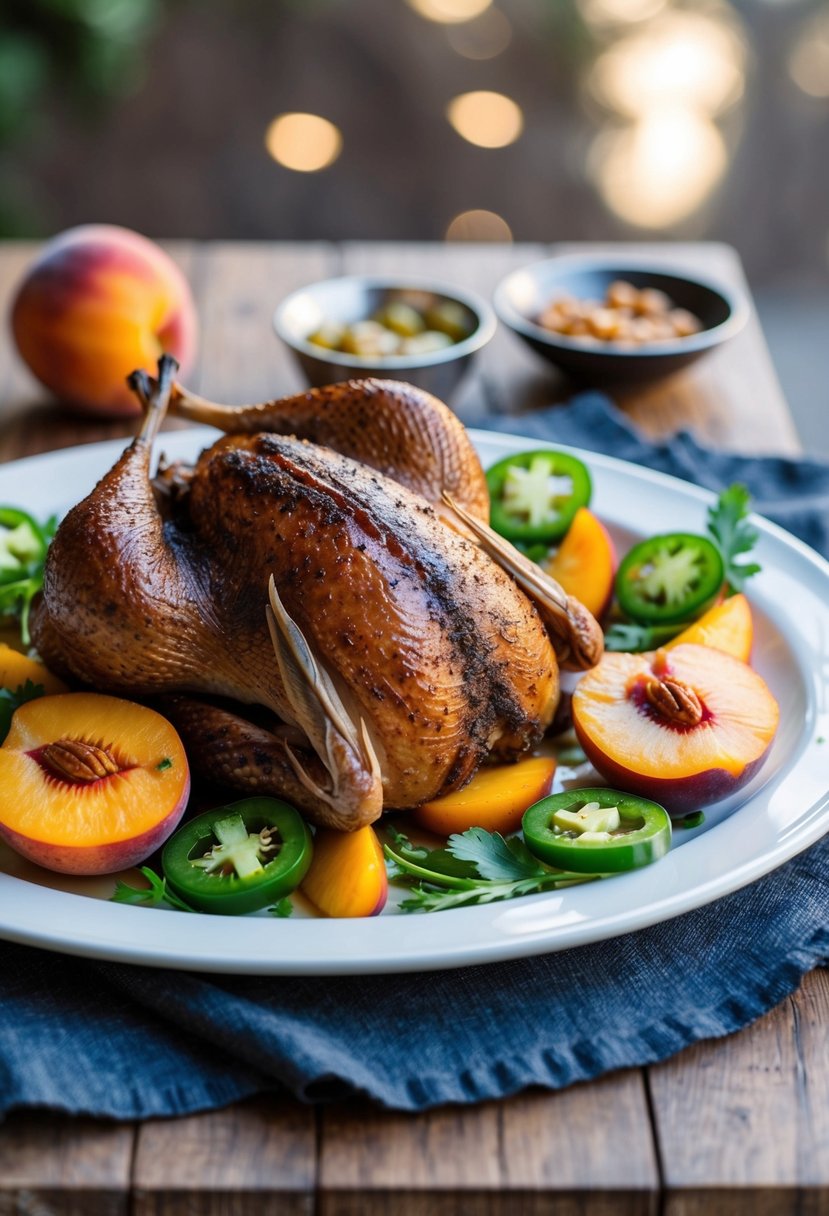 A platter of smoked quail with peach and jalapeño garnish