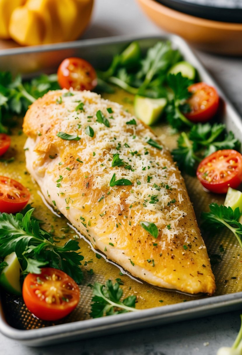 A golden-brown chicken breast coated in parmesan and herbs, resting on a baking sheet surrounded by fresh vegetables