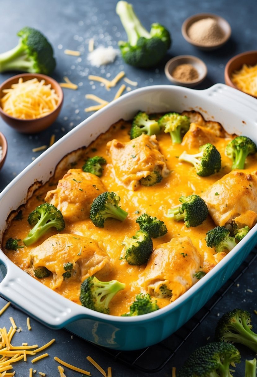 A bubbling casserole dish filled with cheesy chicken and broccoli, surrounded by scattered recipe ingredients