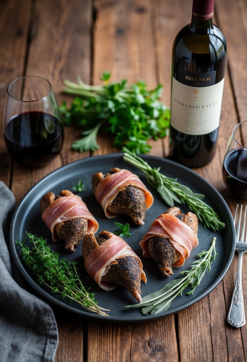 A rustic wooden table set with a platter of prosciutto-wrapped sage quail, accompanied by fresh herbs and a bottle of wine