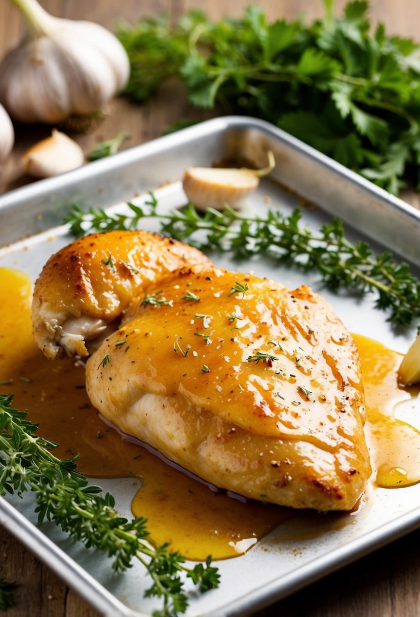 A golden-brown chicken breast, glazed with honey garlic sauce, sits on a baking sheet surrounded by sprigs of fresh herbs and cloves of garlic