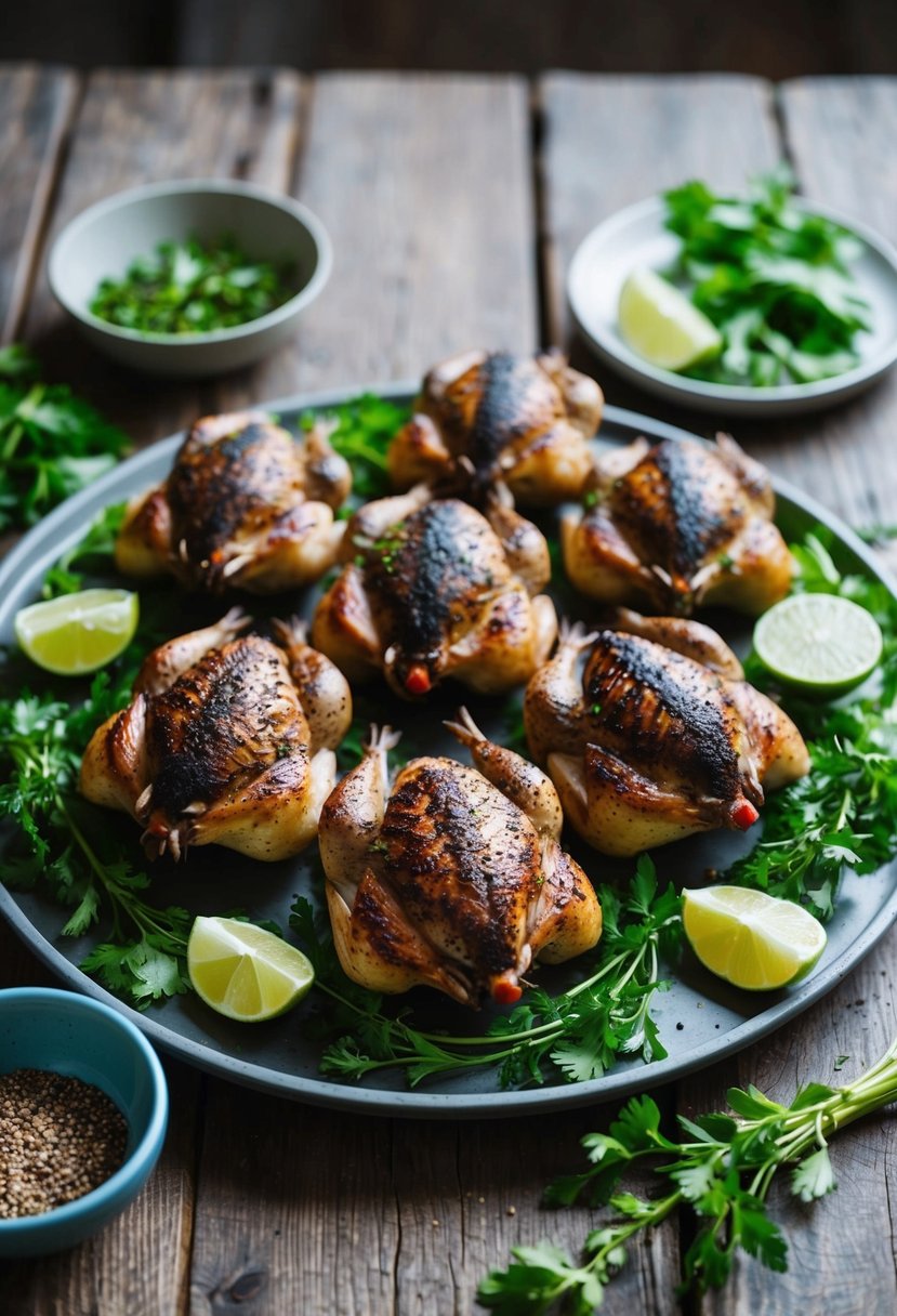 A platter of grilled quails with black pepper, surrounded by fresh herbs and lime wedges on a rustic wooden table