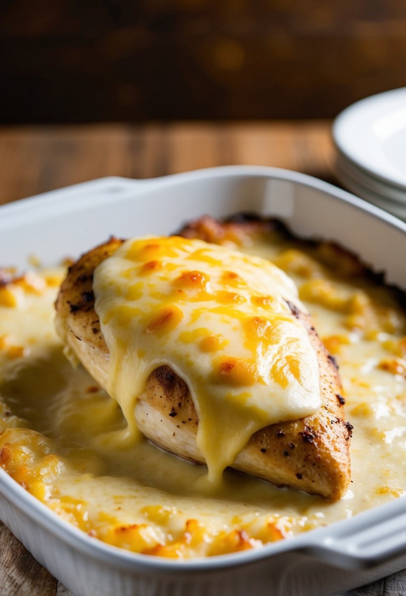 A golden-brown chicken breast covered in melted Swiss cheese, sitting on a bed of creamy sauce in a baking dish