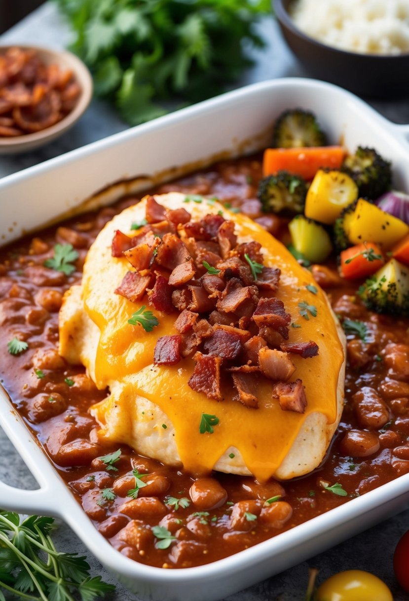 A golden-brown chicken breast bakes in a bed of tangy barbecue sauce, topped with melted cheese and crispy bacon bits. Surrounding the dish are colorful roasted vegetables and a sprinkle of fresh herbs