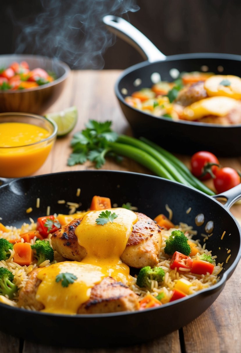 A sizzling skillet with cheesy chicken, rice, and colorful veggies cooking together