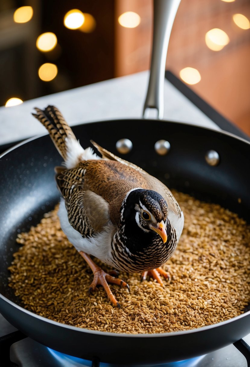 A quail being roasted on a bed of cumin seeds in a sizzling pan