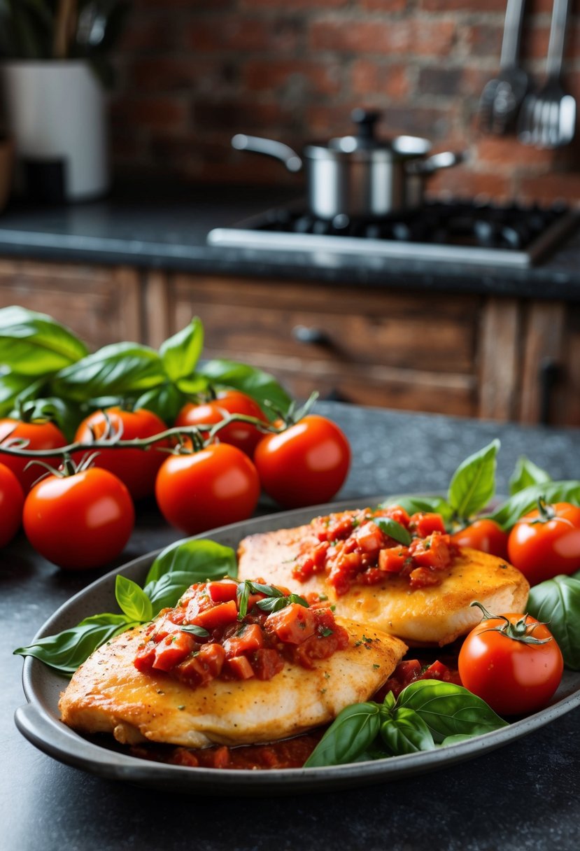 A rustic kitchen counter with a platter of golden-baked chicken breasts topped with a savory tomato basil sauce, surrounded by fresh basil leaves and ripe red tomatoes