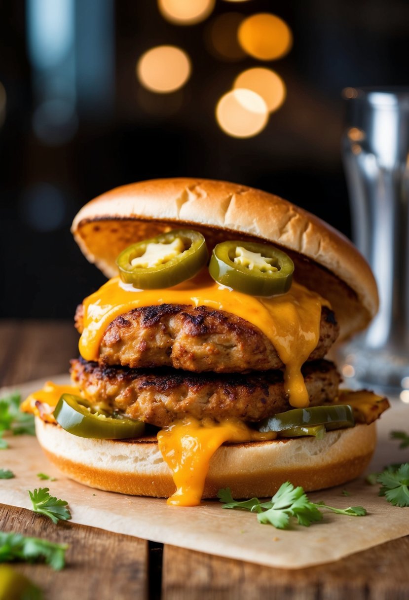 A sizzling chicken patty topped with melted cheese and spicy jalapeños on a toasted bun