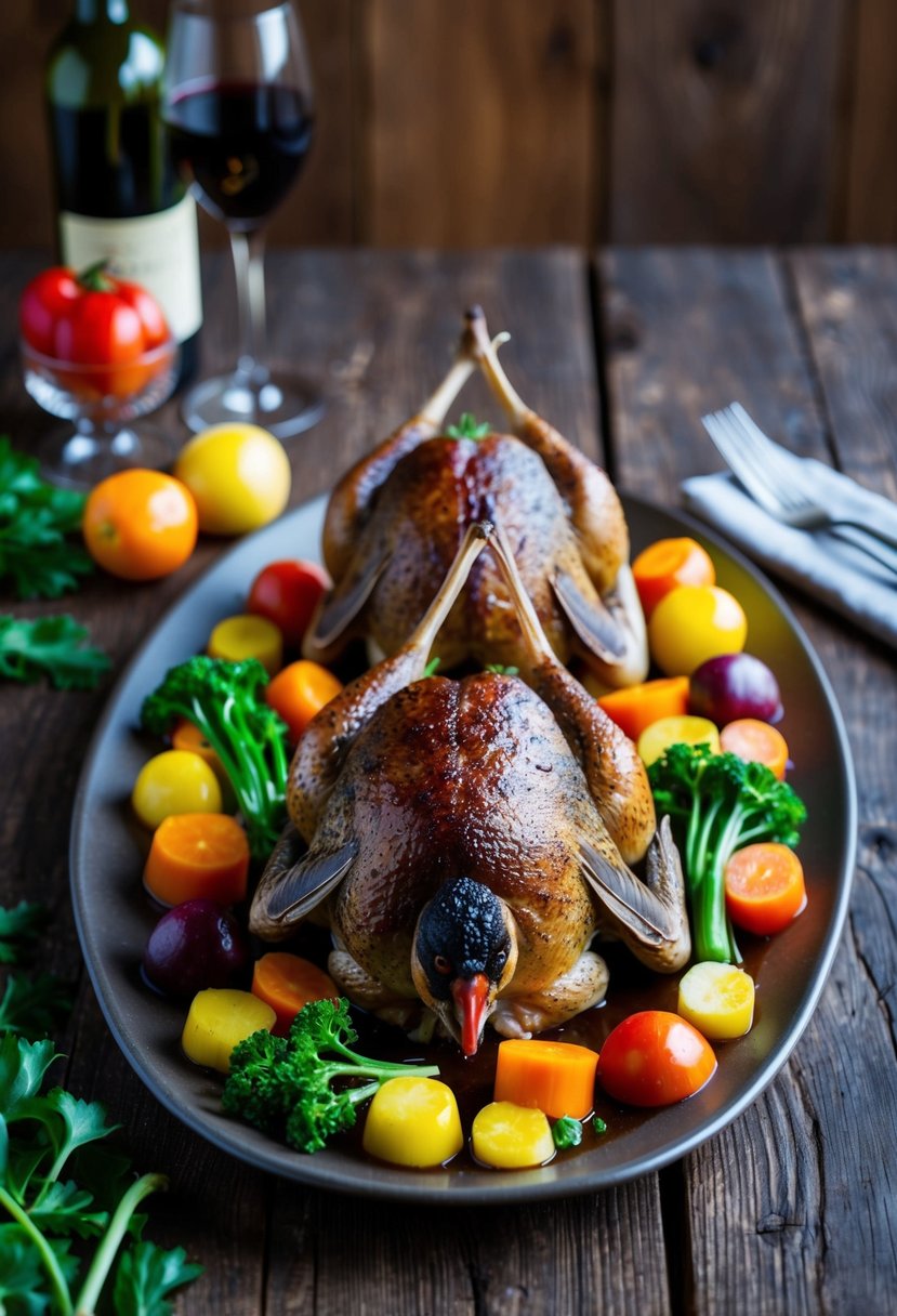 A platter of red wine braised quail surrounded by colorful vegetables on a rustic wooden table