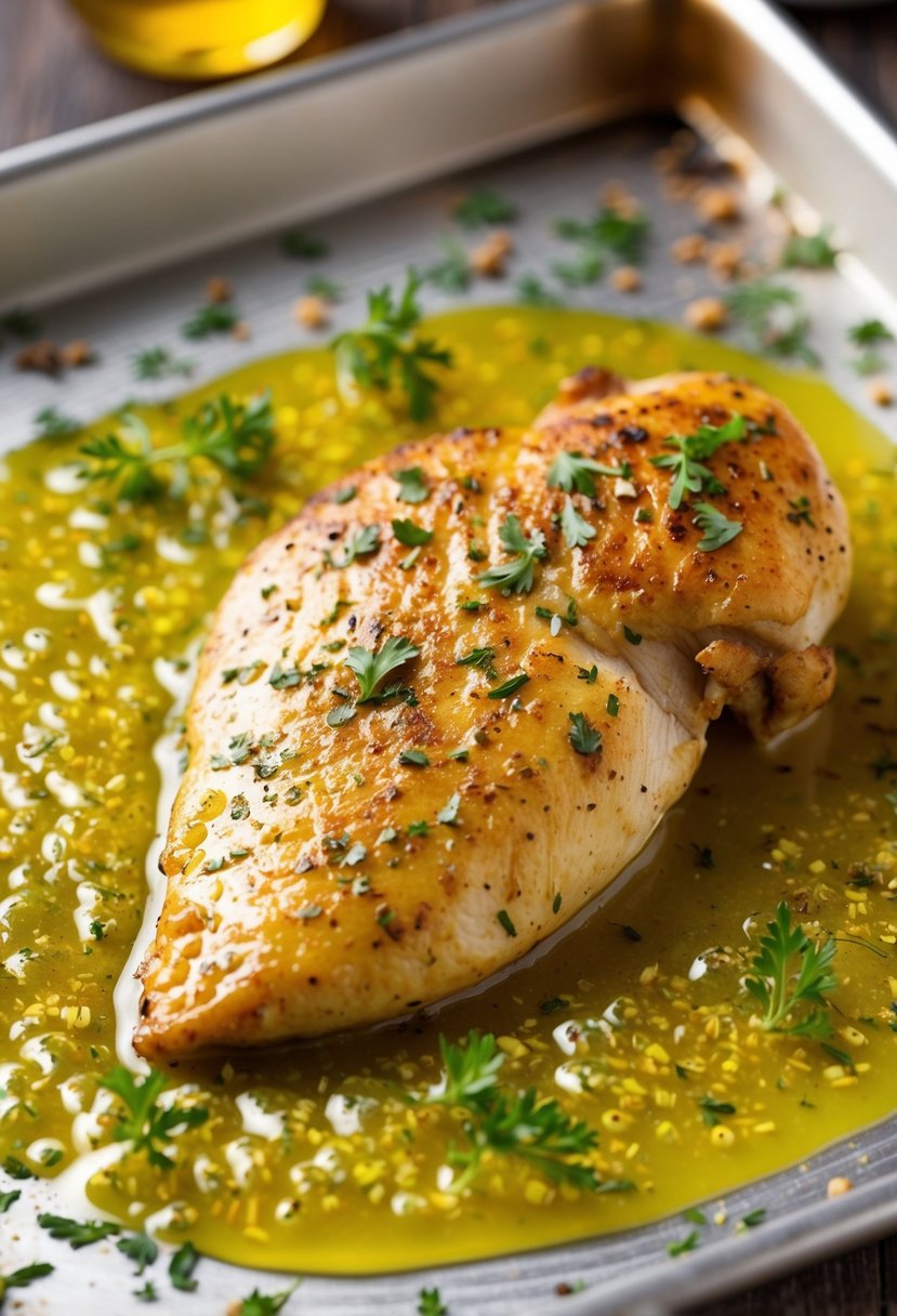 A sizzling chicken breast sizzling in a pool of golden garlic butter, surrounded by fresh herbs and spices on a baking sheet