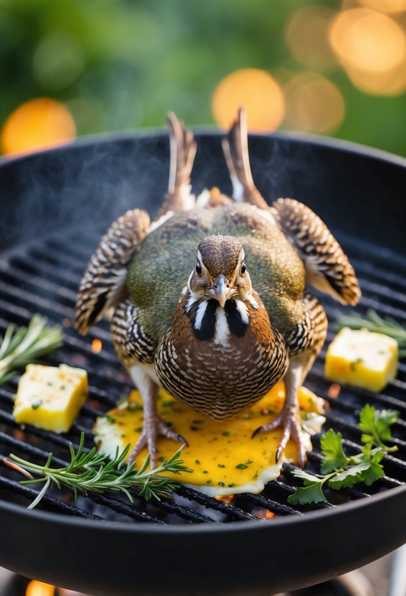 A quail sizzling on a grill, surrounded by melted butter and fresh herbs