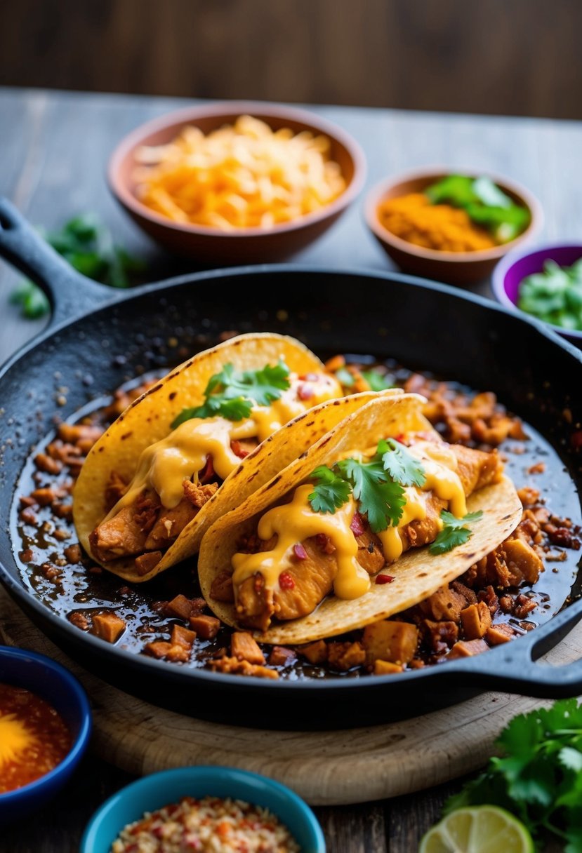 A sizzling skillet of chicken tacos topped with melted queso cheese, surrounded by colorful ingredients and spices