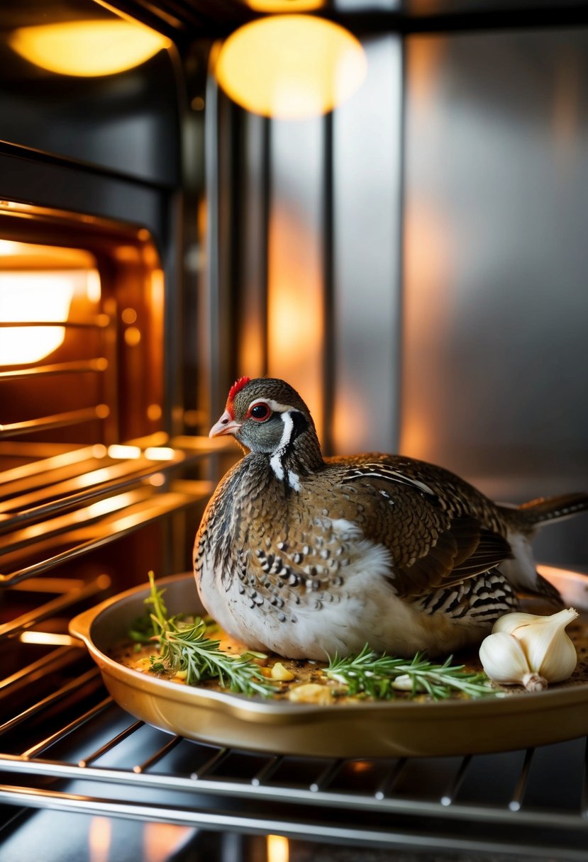 A quail with garlic and herbs baking in the oven