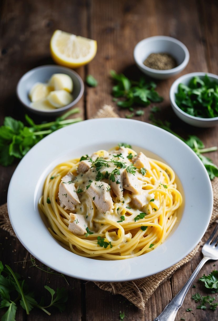 A steaming plate of Alfredo Chicken and Cheese Pasta sits on a rustic wooden table, surrounded by fresh ingredients and a sprinkle of herbs