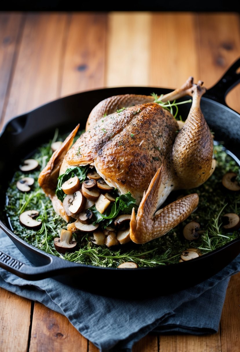 A plump quail, stuffed with mushrooms and spinach, roasting on a bed of herbs in a rustic, cast iron skillet