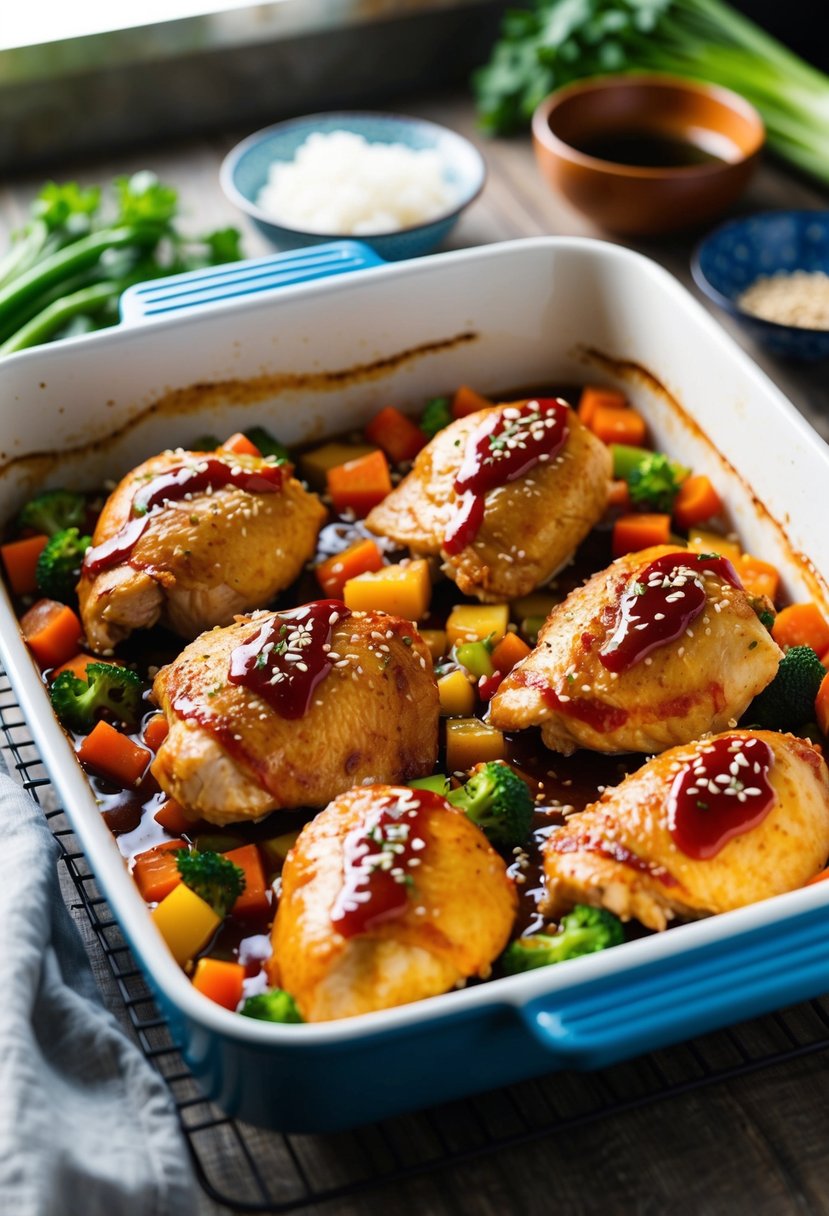 A baking dish filled with marinated chicken, surrounded by colorful vegetables and drizzled with teriyaki sauce, ready to be placed in the oven