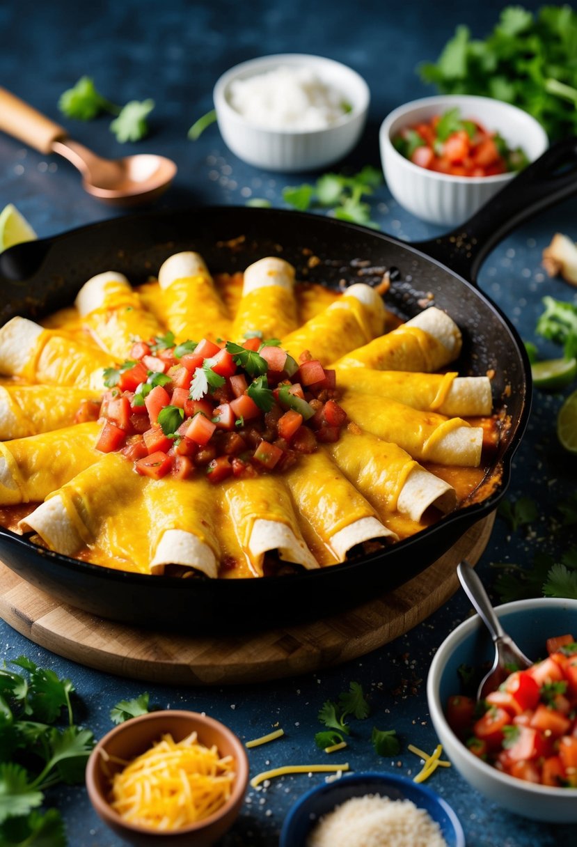 A sizzling skillet of cheesy chicken enchiladas topped with vibrant salsa, surrounded by scattered ingredients and cooking utensils