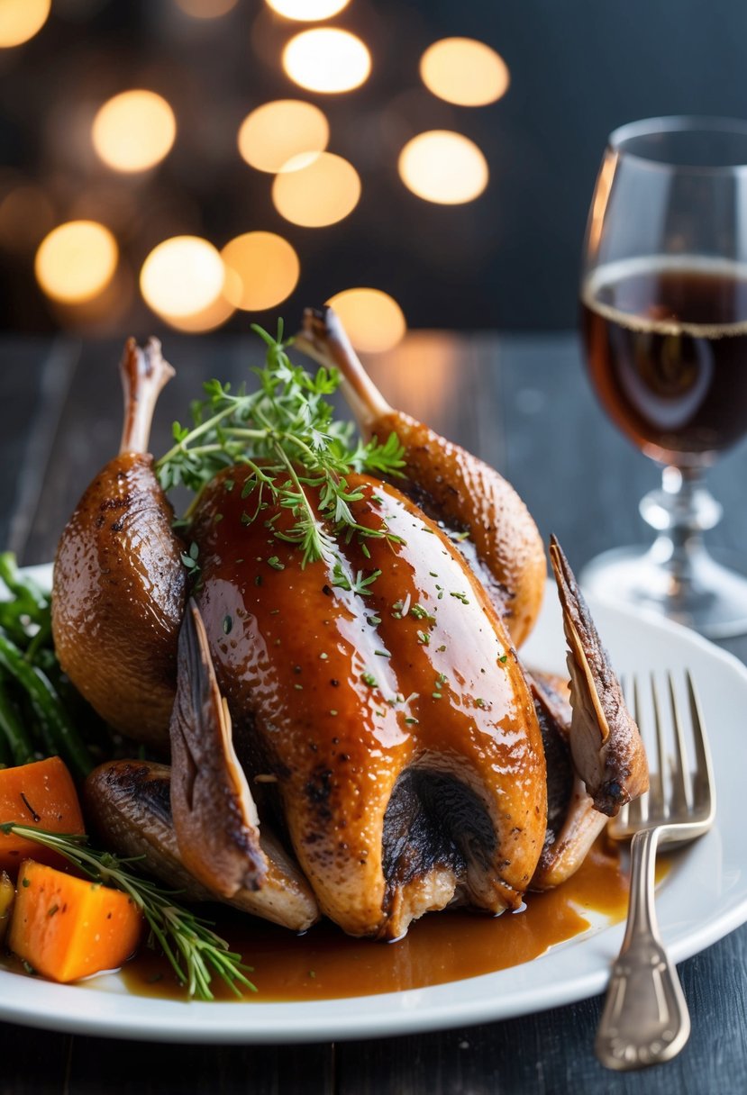 A platter of smoked quail with a glossy maple glaze, garnished with fresh herbs and served with a side of roasted vegetables