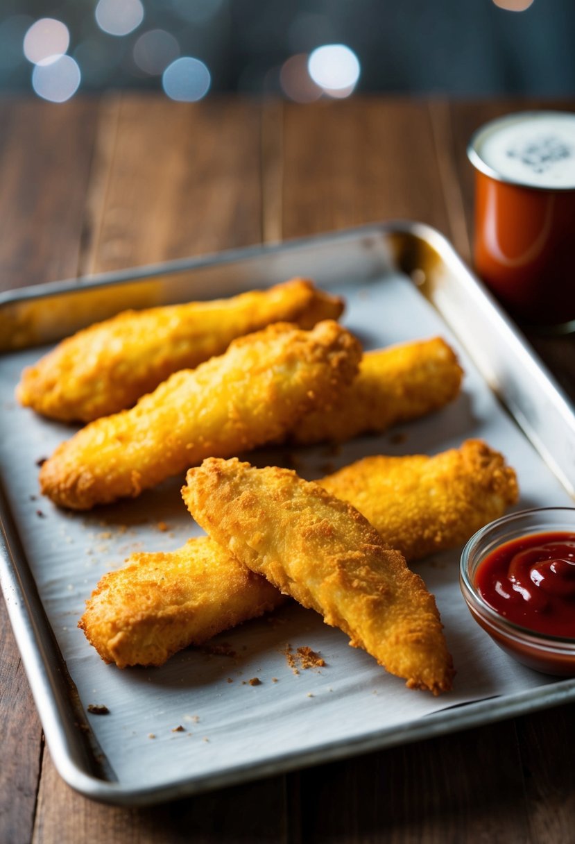 Golden chicken fingers on a baking sheet with a side of dipping sauce